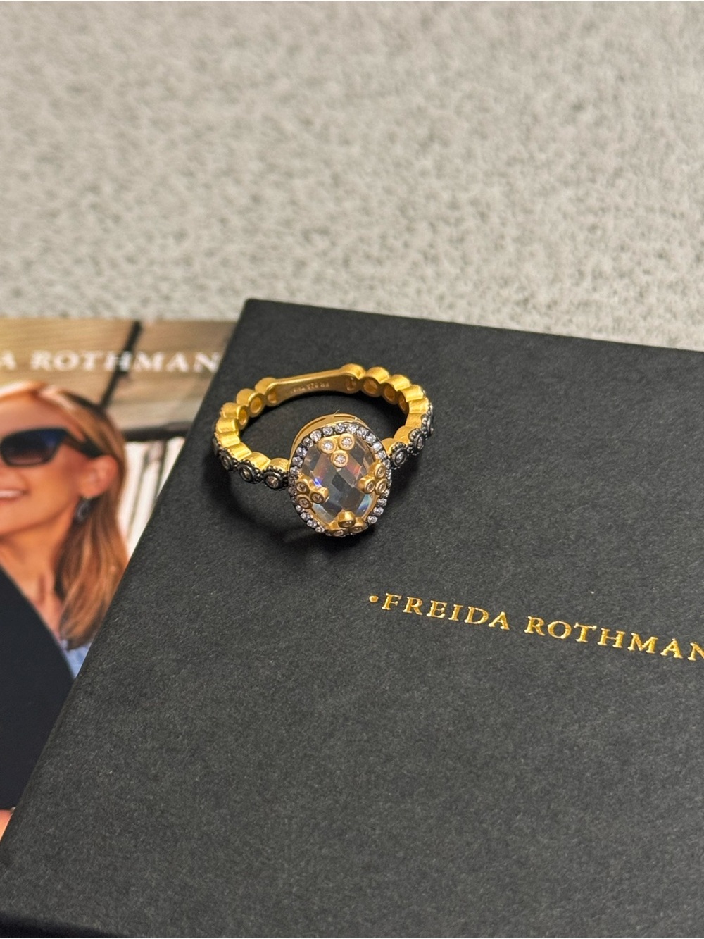 Freida Rothman Gold & Black Pineapple Cut Statement Ring